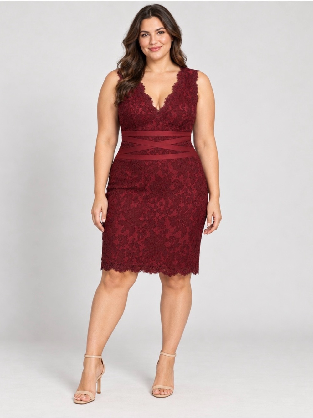 Tadashi Shoji Too Size 16Q Burgundy Lace Stretch Sheath Cocktail Formal Dress